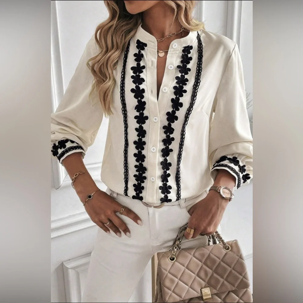 Harper - beige floral embroidered button up shirt - Picture 2 of 4